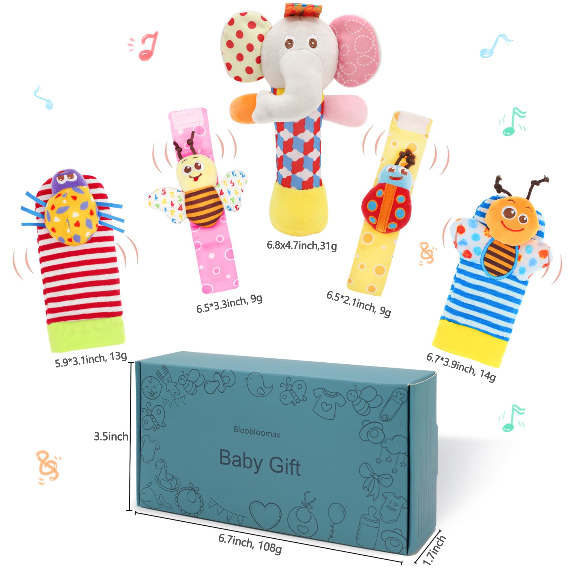 5-Piece Baby Rattle Set with Wrist Rattles, Foot Finder Socks & Hand Rattle – Soft Plush Animal Toys for 0-2 Years (Bumblebee, Butterfly, Ladybug & More)