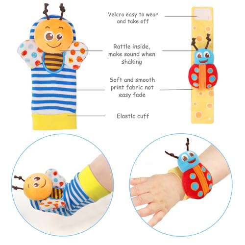 5-Piece Baby Rattle Set with Wrist Rattles, Foot Finder Socks & Hand Rattle – Soft Plush Animal Toys for 0-2 Years (Bumblebee, Butterfly, Ladybug & More)