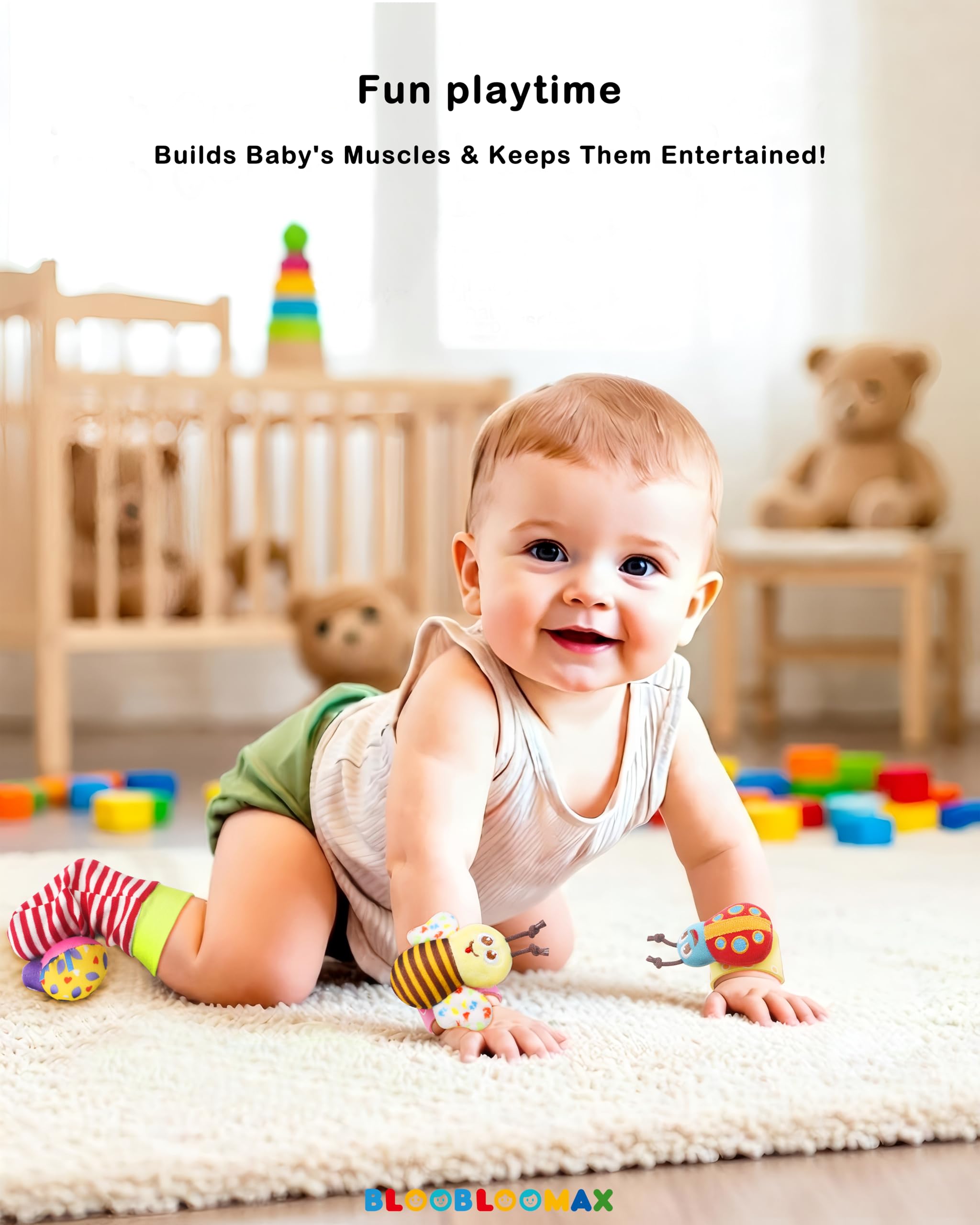 5-Piece Baby Rattle Set with Wrist Rattles, Foot Finder Socks & Hand Rattle – Soft Plush Animal Toys for 0-2 Years (Bumblebee, Butterfly, Ladybug & More)