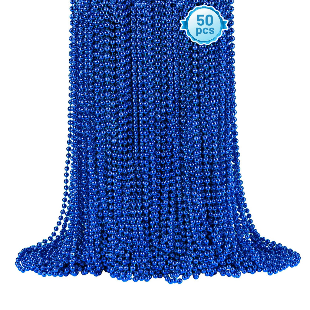 50 Blue Bead Necklaces - 33" Mardi Gras Parade Throws for Patriotic Holidays & Parties