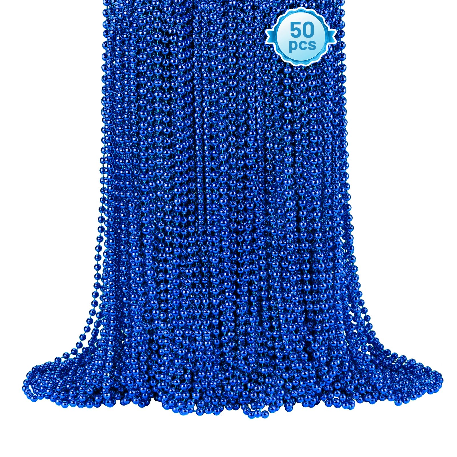 50 Blue Bead Necklaces - 33" Mardi Gras Parade Throws for Patriotic Holidays & Parties