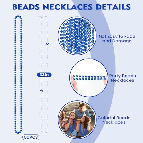 50 Blue Bead Necklaces - 33" Mardi Gras Parade Throws for Patriotic Holidays & Parties