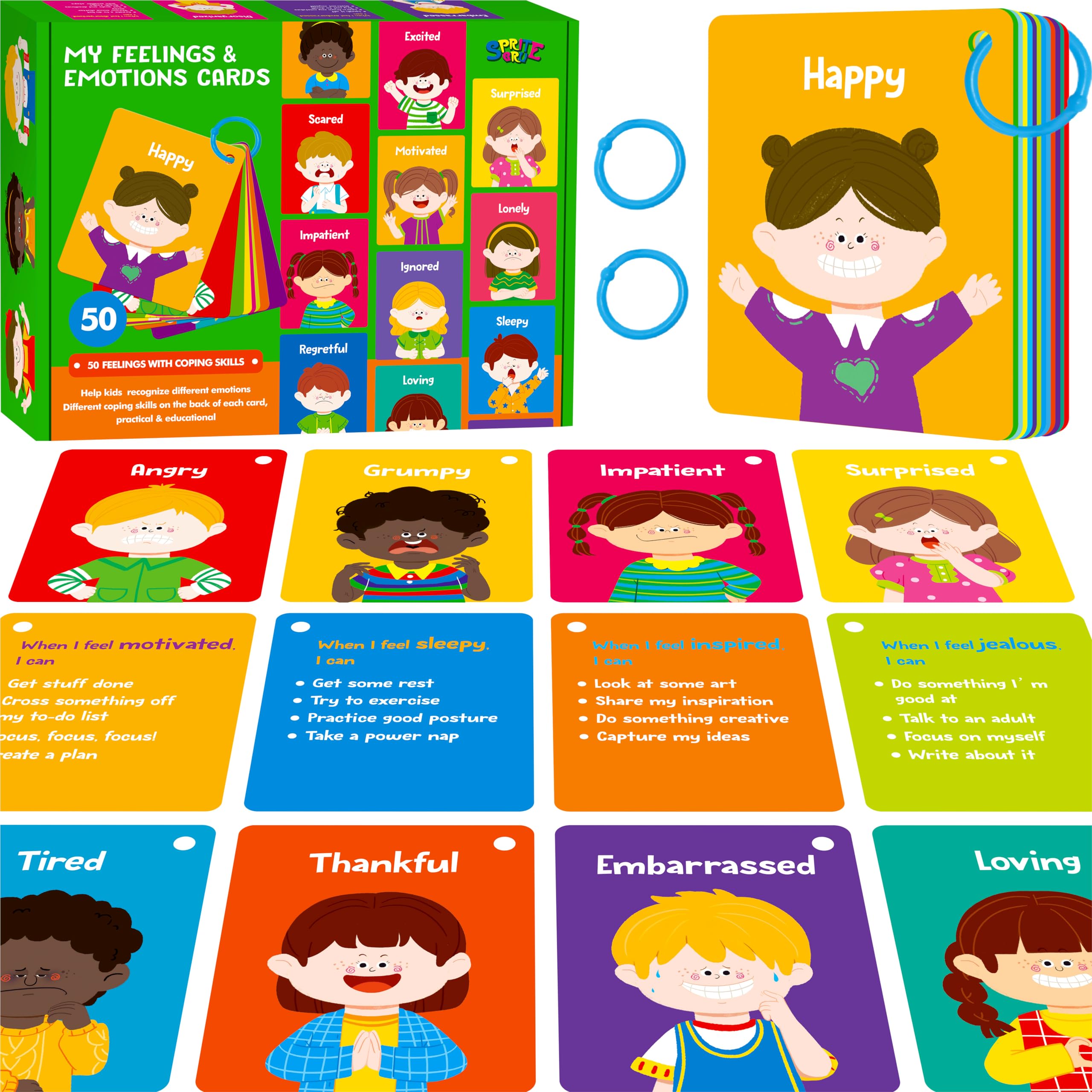 50 Emotions Flashcards with Coping Skills for Kids – Double-Sided Feelings Cards for Autism, ADHD, Therapy, and Home Learning