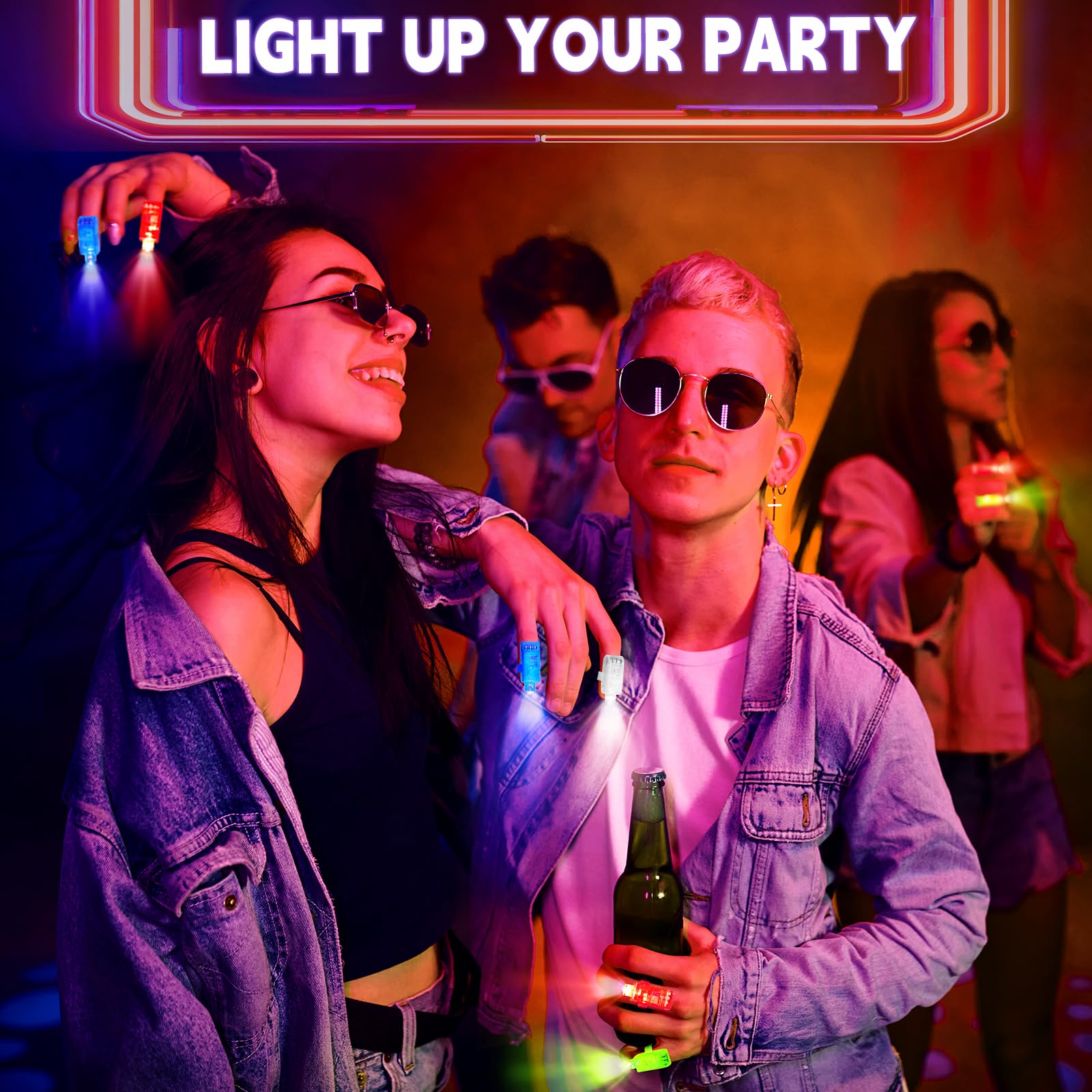 50 Green LED Finger Lights for Kids - Bulk Party Favors, Glow in the Dark Rave Toys