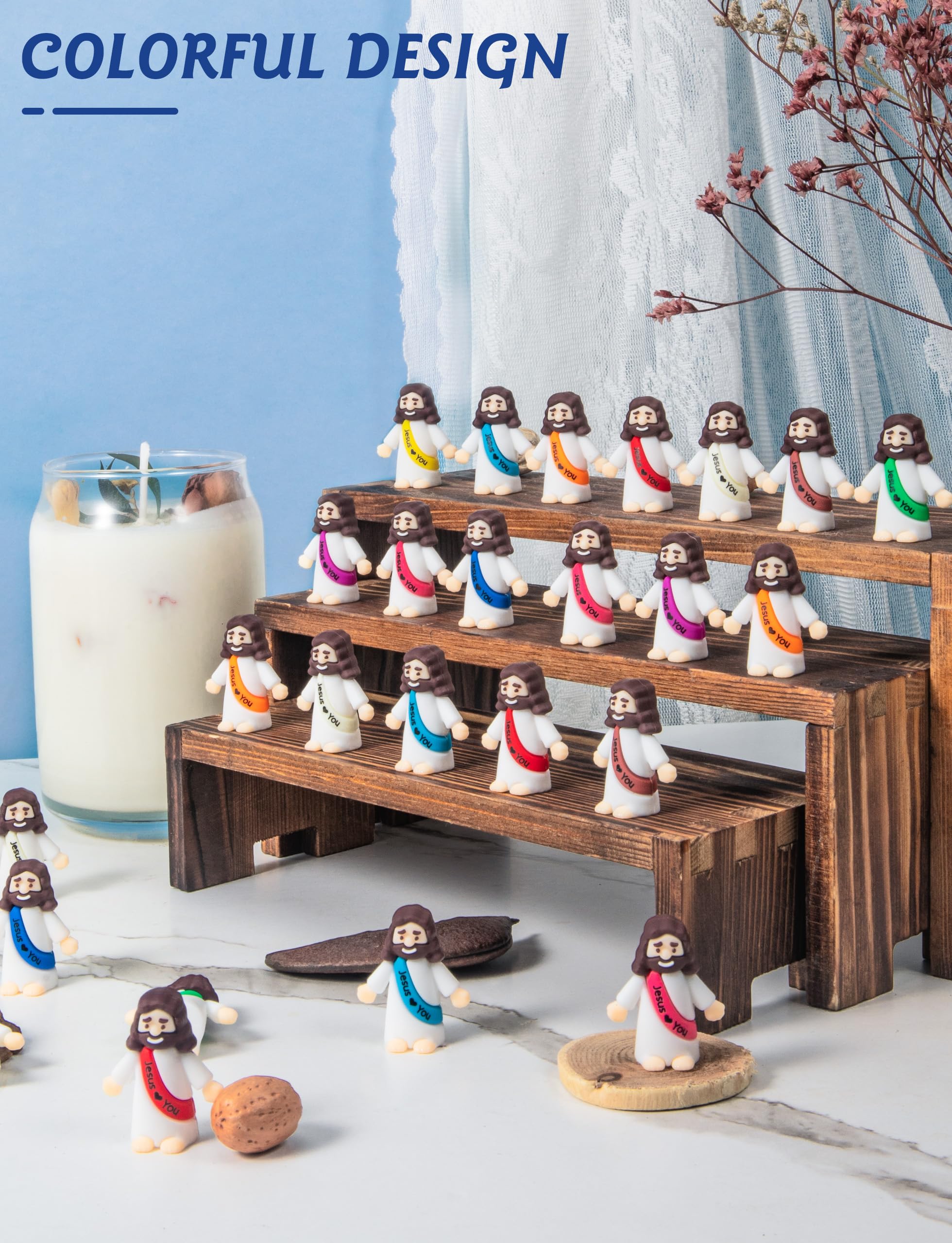 50 Mini Jesus Figurines Bulk - 1.4 Inch Resin Baby Jesus Figures with Colorful Sashes for Hide and Seek, Easter Eggs, Sunday School Gifts