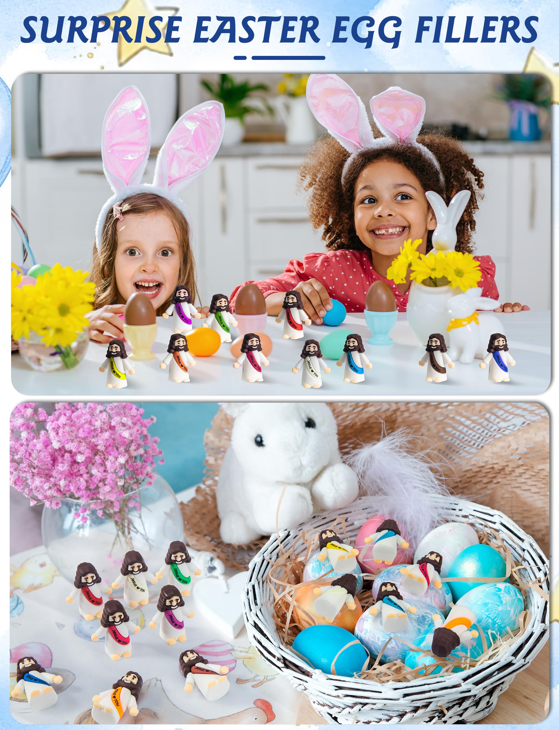 50 Mini Jesus Figurines Bulk - 1.4 Inch Resin Baby Jesus Figures with Colorful Sashes for Hide and Seek, Easter Eggs, Sunday School Gifts