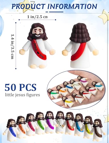 50 Mini Jesus Figurines Bulk - 1.4 Inch Resin Baby Jesus Figures with Colorful Sashes for Hide and Seek, Easter Eggs, Sunday School Gifts