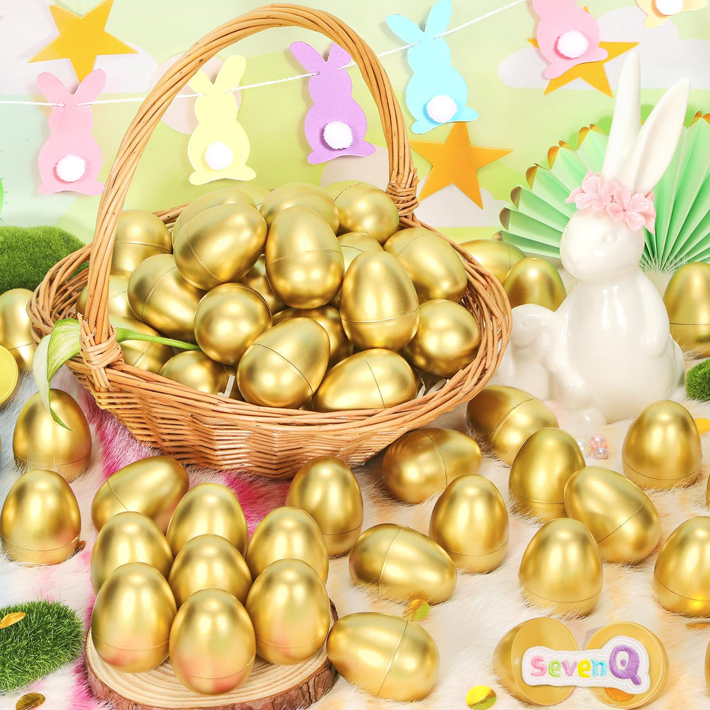 50 Pack 2.3 Inch Golden Plastic Easter Eggs – Fillable, Reusable Party Decor
