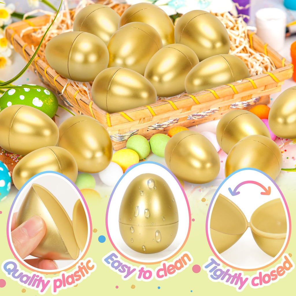 50 Pack 2.3 Inch Golden Plastic Easter Eggs – Fillable, Reusable Party Decor