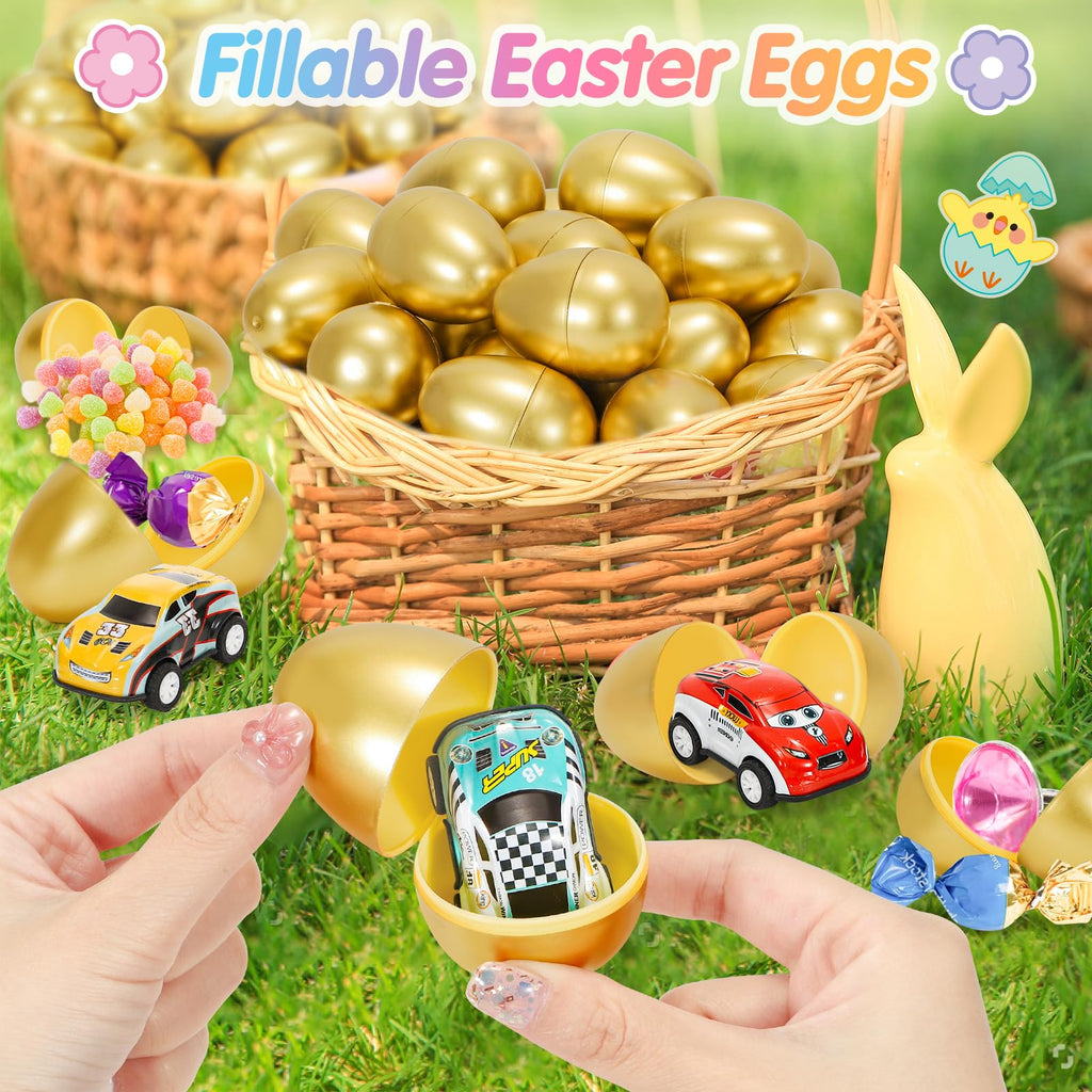 50 Pack 2.3 Inch Golden Plastic Easter Eggs – Fillable, Reusable Party Decor