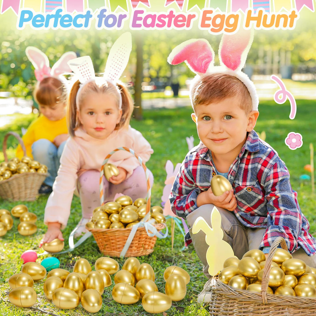 50 Pack 2.3 Inch Golden Plastic Easter Eggs – Fillable, Reusable Party Decor