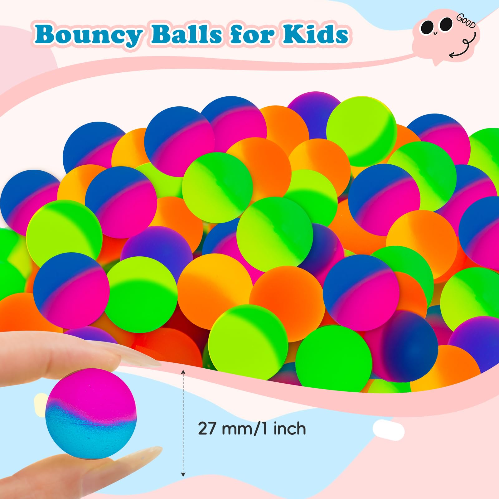 50 Pack 27mm Bouncy Balls for Kids & Adults – Fluorescent Dual-Tone Rubber Balls for Party Favors, Classroom Rewards, and Water Play