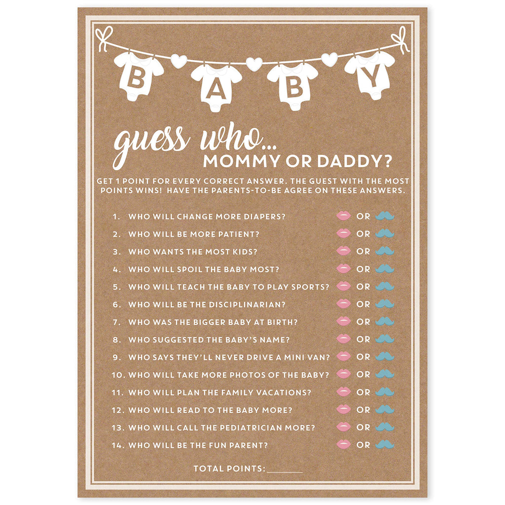 50-Pack Guess Who Mommy or Daddy Baby Shower Game Cards – Gender Neutral, Easy to Play