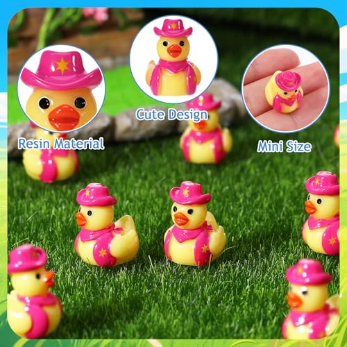 50 Pcs Mini Resin Cowboy Ducks - Tiny Yellow Duck Figurines with Cowboy Hats - Pink