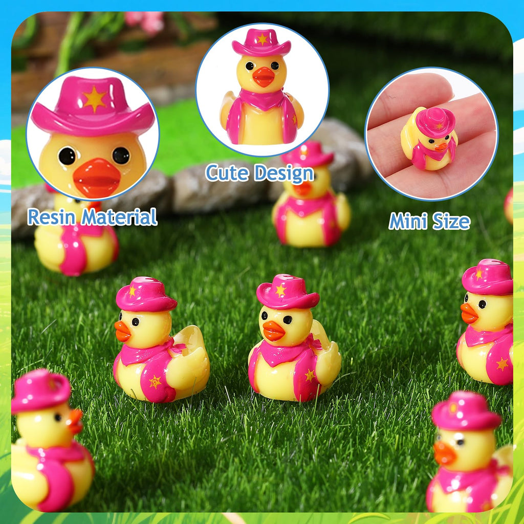 50 Pcs Mini Resin Cowboy Ducks - Tiny Yellow Duck Figurines with Cowboy Hats - Pink