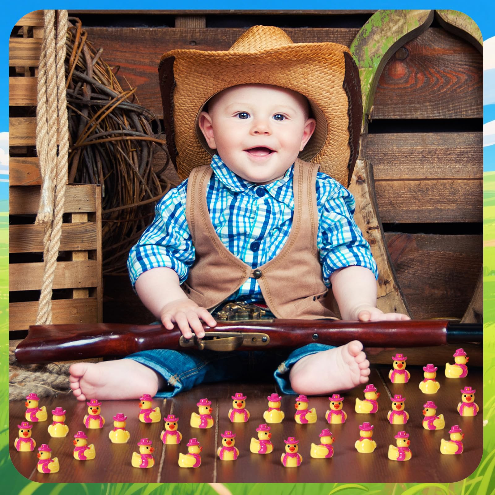 50 Pcs Mini Resin Cowboy Ducks - Tiny Yellow Duck Figurines with Cowboy Hats - Pink