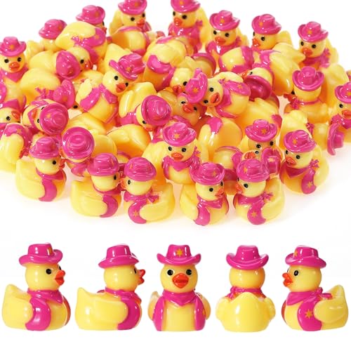 50 Pcs Mini Resin Cowboy Ducks - Tiny Yellow Duck Figurines with Cowboy Hats - Pink