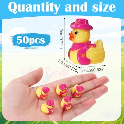 50 Pcs Mini Resin Cowboy Ducks - Tiny Yellow Duck Figurines with Cowboy Hats - Pink