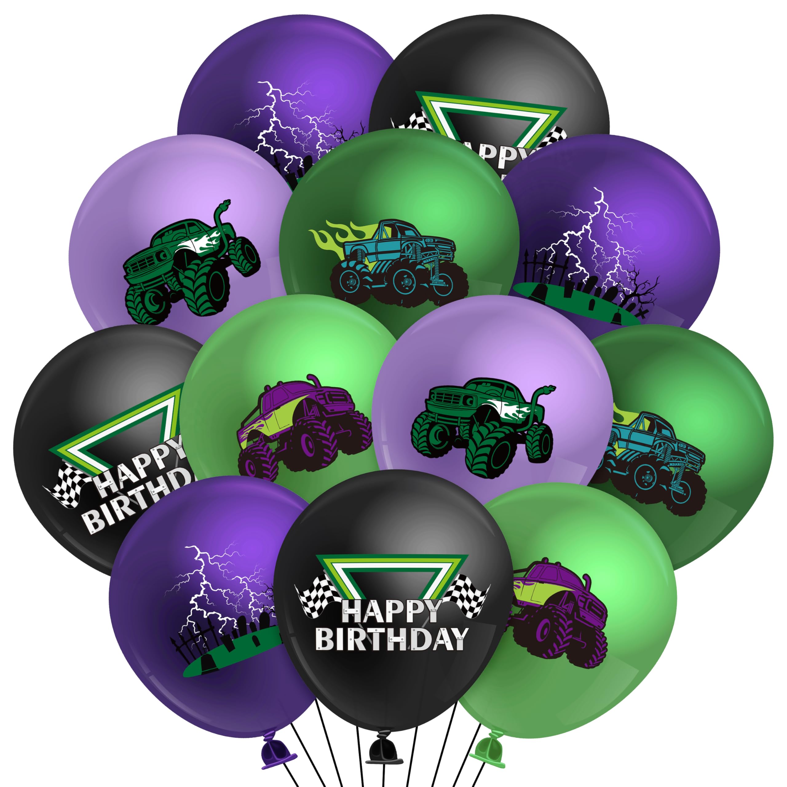 50-Piece Monster Truck Balloon Kit – Green and Purple Latex Balloons with Lightning Print