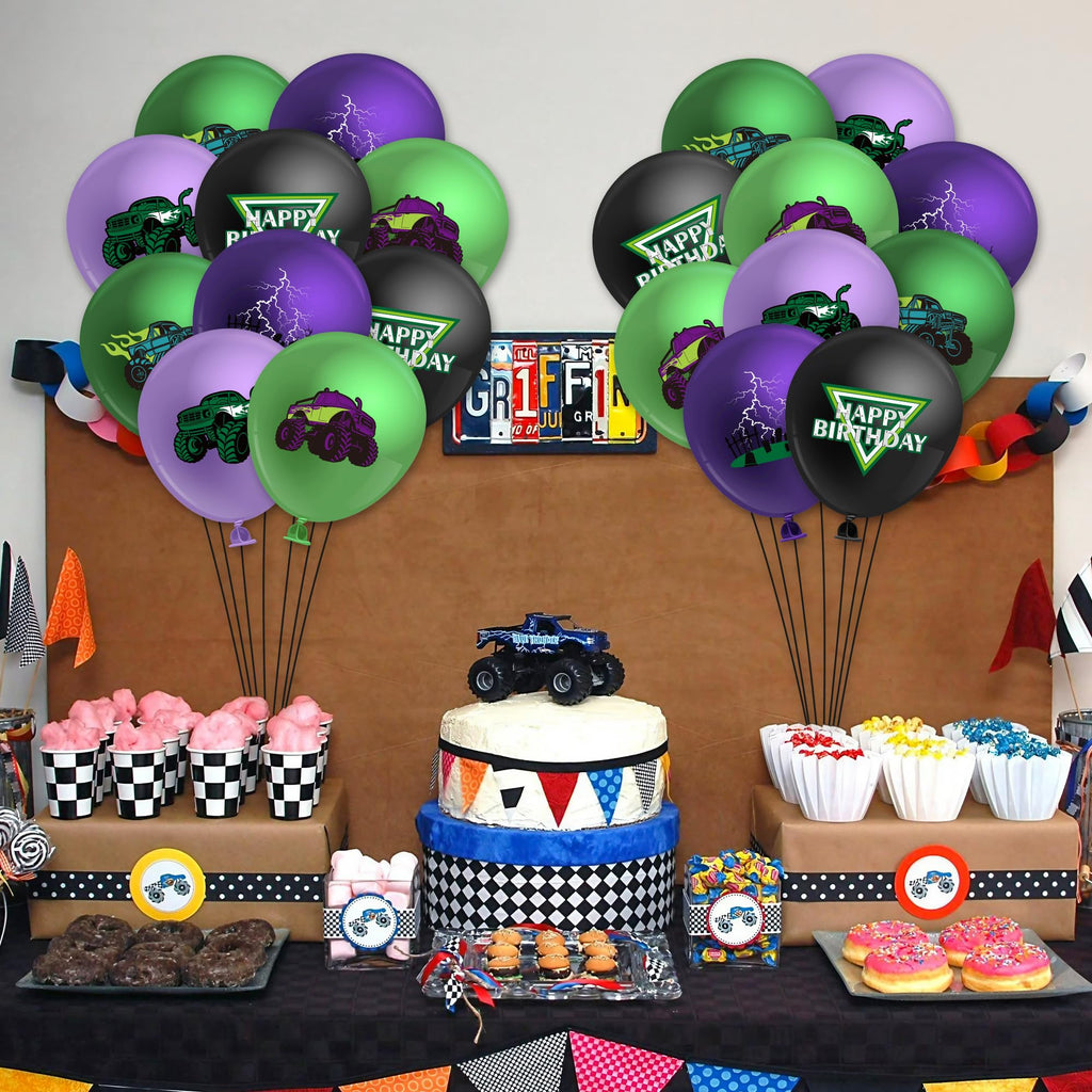 50-Piece Monster Truck Balloon Kit – Green and Purple Latex Balloons with Lightning Print