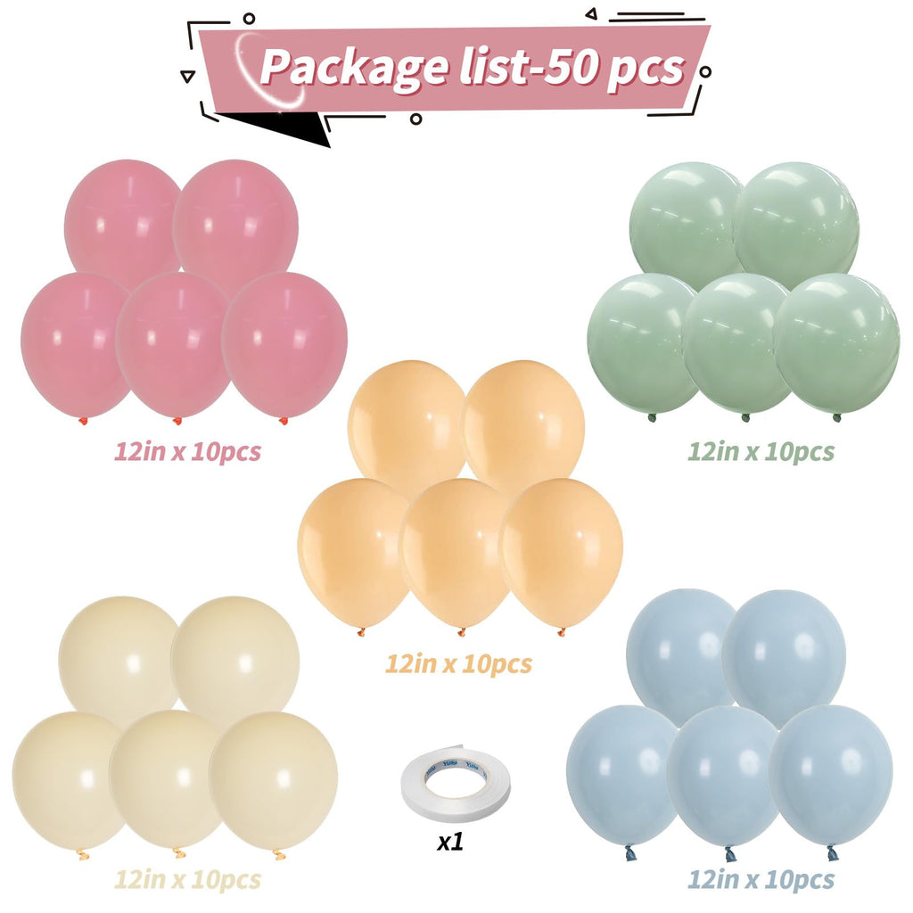 50-Piece Pastel Balloon Set – Blush Pink, Sage Green, Dusty Blue, Nude, Ivory White – 12 Inch Latex Balloons for Boho Rainbow Party Decor