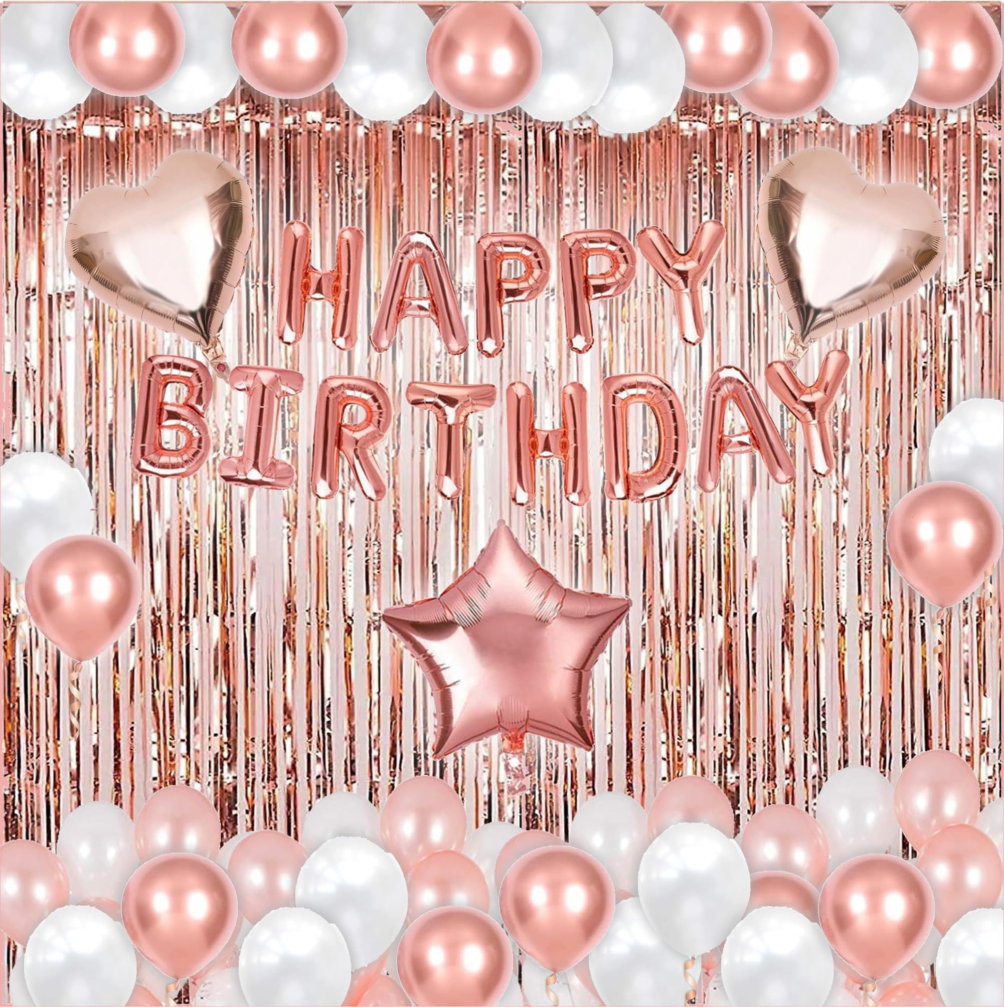 50-Piece Rose Gold Birthday Party Decoration Kit for Women – Banner, Balloons & Fringe Curtains