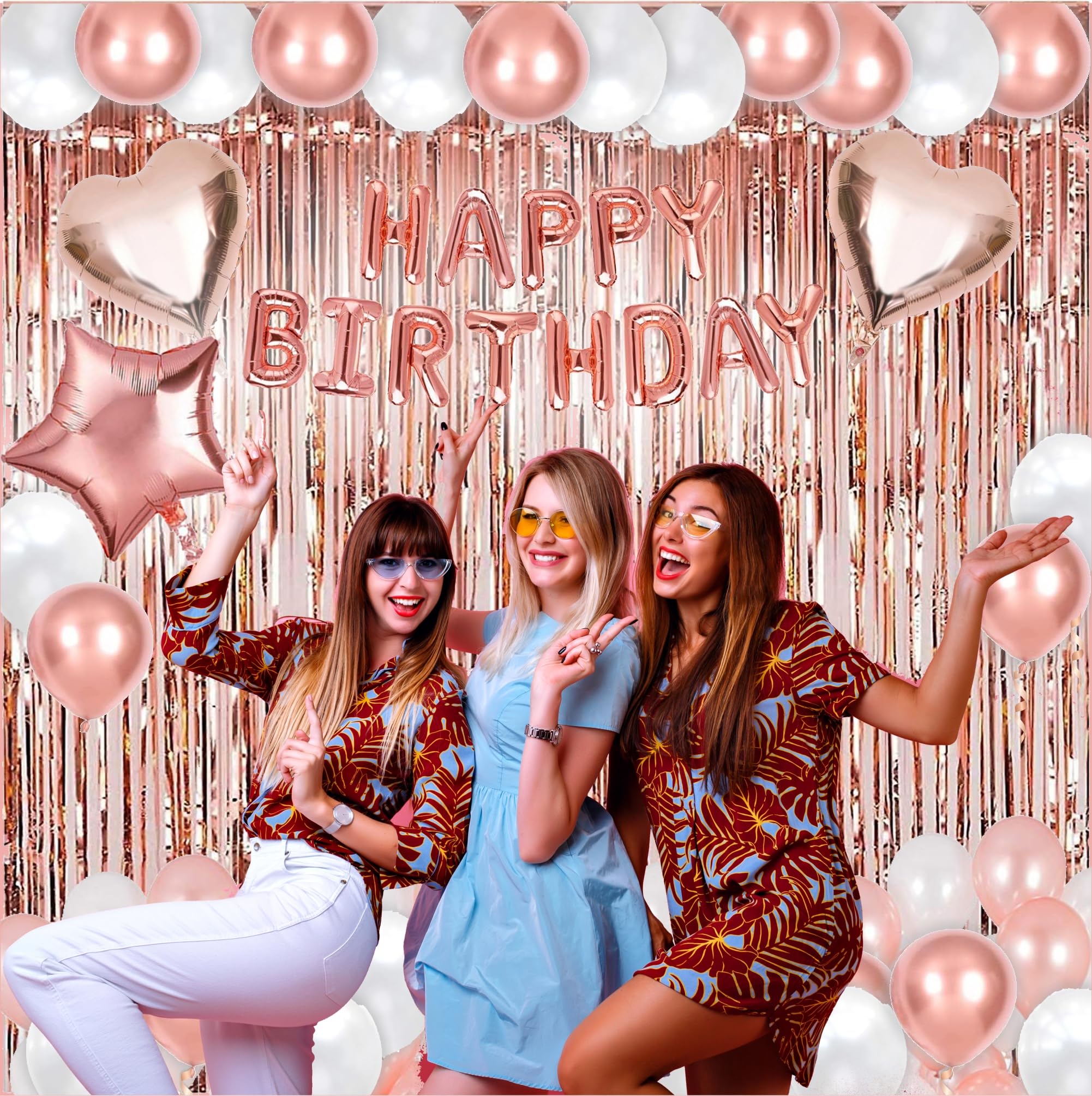 50-Piece Rose Gold Birthday Party Decoration Kit for Women – Banner, Balloons & Fringe Curtains