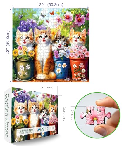 500-Piece Cat Jigsaw Puzzle by Deepcom – Kittens in Flower Garden, 20x20 Inches