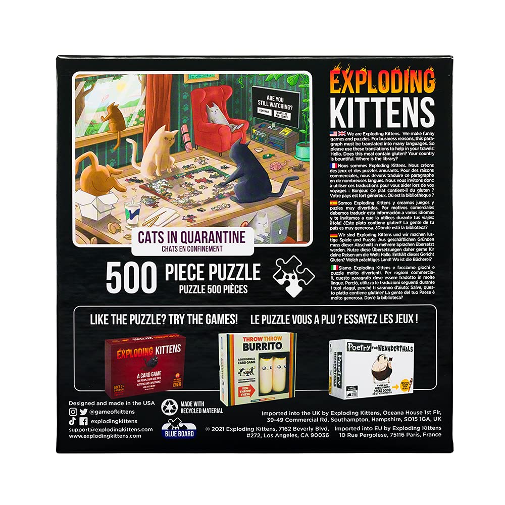 500-Piece Cats in Quarantine Jigsaw Puzzle by Exploding Kittens – 18x24 Inches, Eco-Friendly Blue Board, Funny Cat Art for Adults and Teens