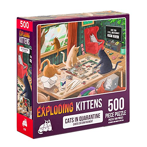 500-Piece Cats in Quarantine Jigsaw Puzzle by Exploding Kittens – 18x24 Inches, Eco-Friendly Blue Board, Funny Cat Art for Adults and Teens