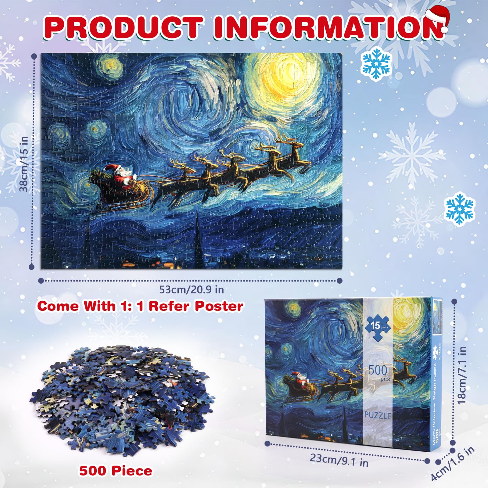 500-Piece Christmas Jigsaw Puzzle: Santa’s Sleigh Under a Starry Night – 21x15 Inches, Eco-Friendly & Numbered Back