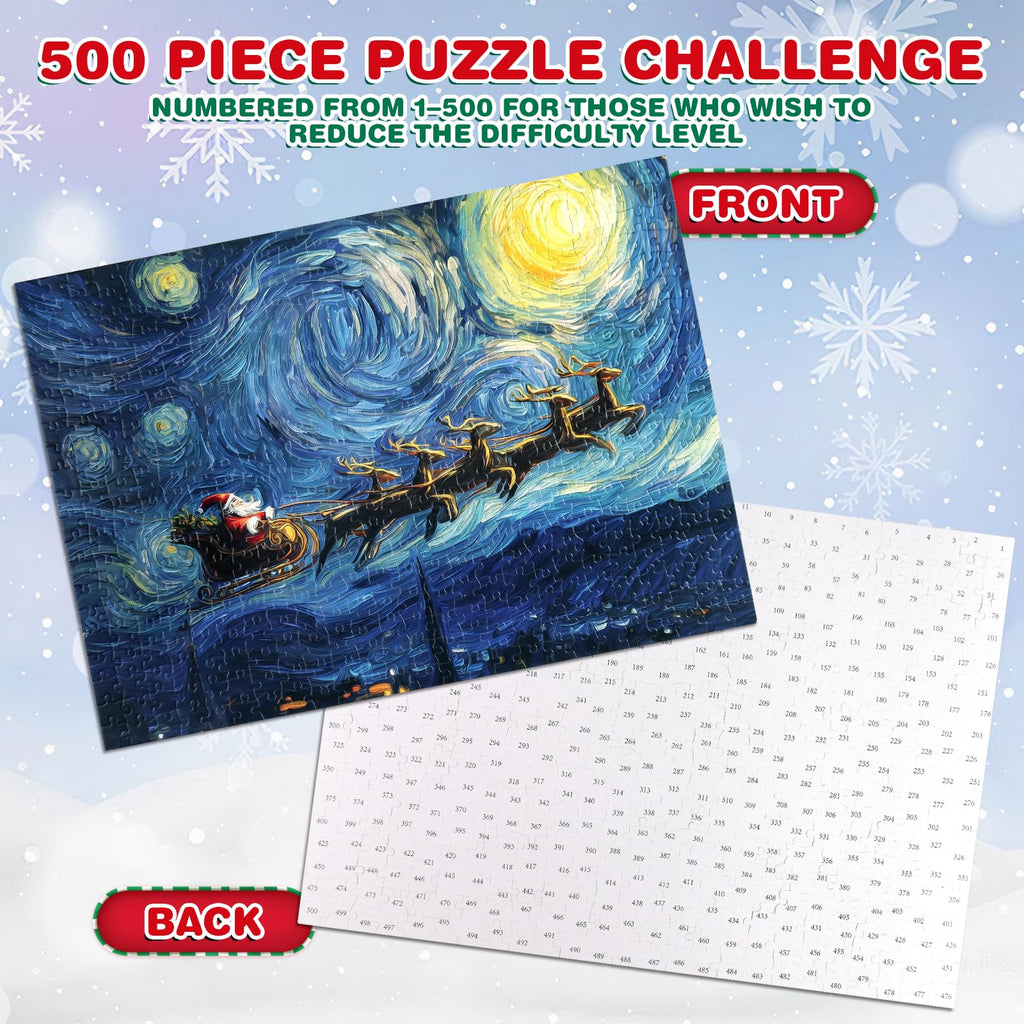 500-Piece Christmas Jigsaw Puzzle: Santa’s Sleigh Under a Starry Night – 21x15 Inches, Eco-Friendly & Numbered Back