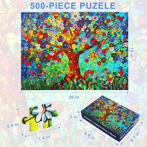 500 Piece Puzzles for Adults – Stained Glass Tree of Life Mosaic Jigsaw with Letters on Back, 21x15 Inch