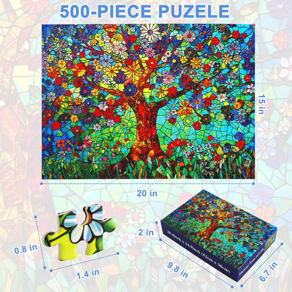500 Piece Puzzles for Adults – Stained Glass Tree of Life Mosaic Jigsaw with Letters on Back, 21x15 Inch