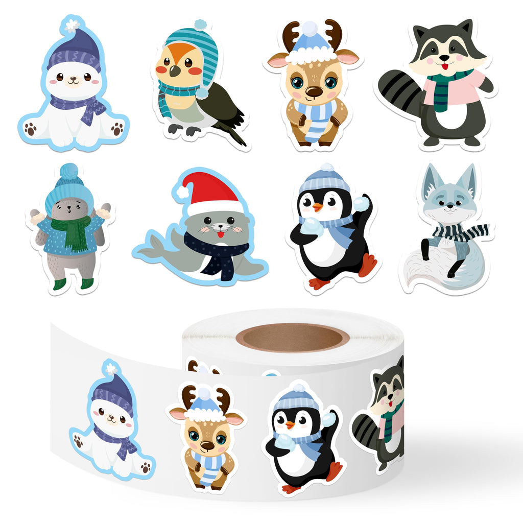 500 Winter Animal Stickers Roll – Arctic Polar Bear, Penguin & More by Kirako