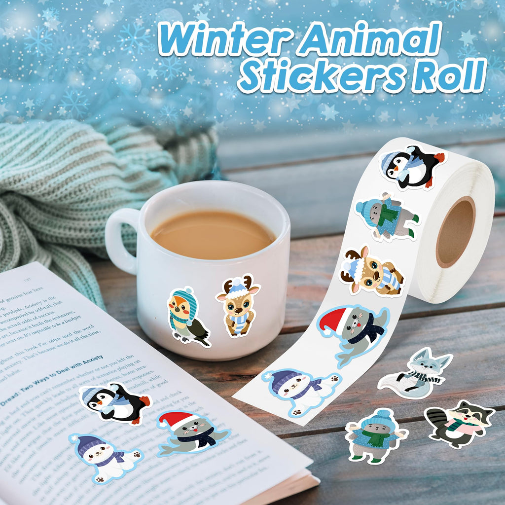 500 Winter Animal Stickers Roll – Arctic Polar Bear, Penguin & More by Kirako