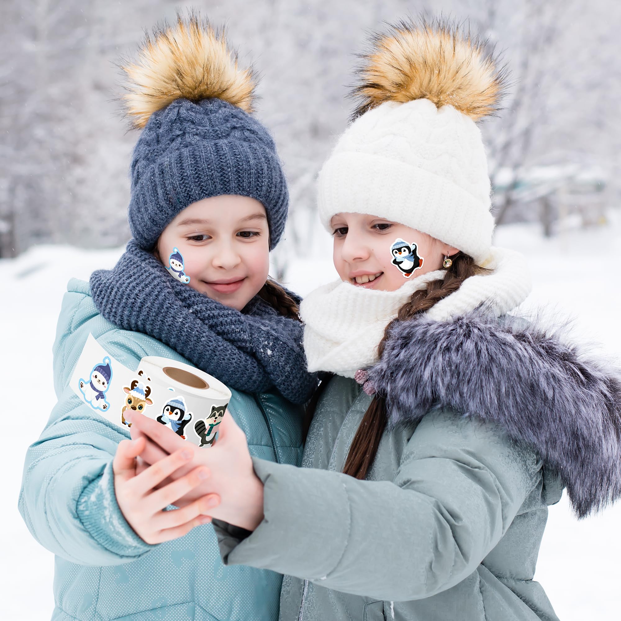 500 Winter Animal Stickers Roll – Arctic Polar Bear, Penguin & More by Kirako