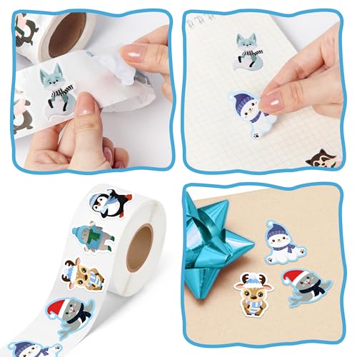 500 Winter Animal Stickers Roll – Arctic Polar Bear, Penguin & More by Kirako