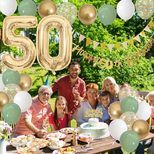 50th Birthday Decorations Sage Green White Gold Balloons Set with Number 50 Foil Banners