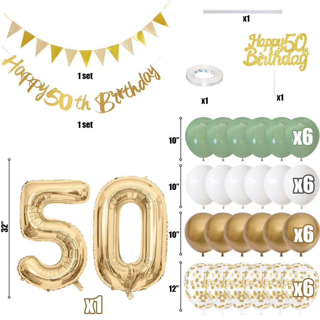 50th Birthday Decorations Sage Green White Gold Balloons Set with Number 50 Foil Banners