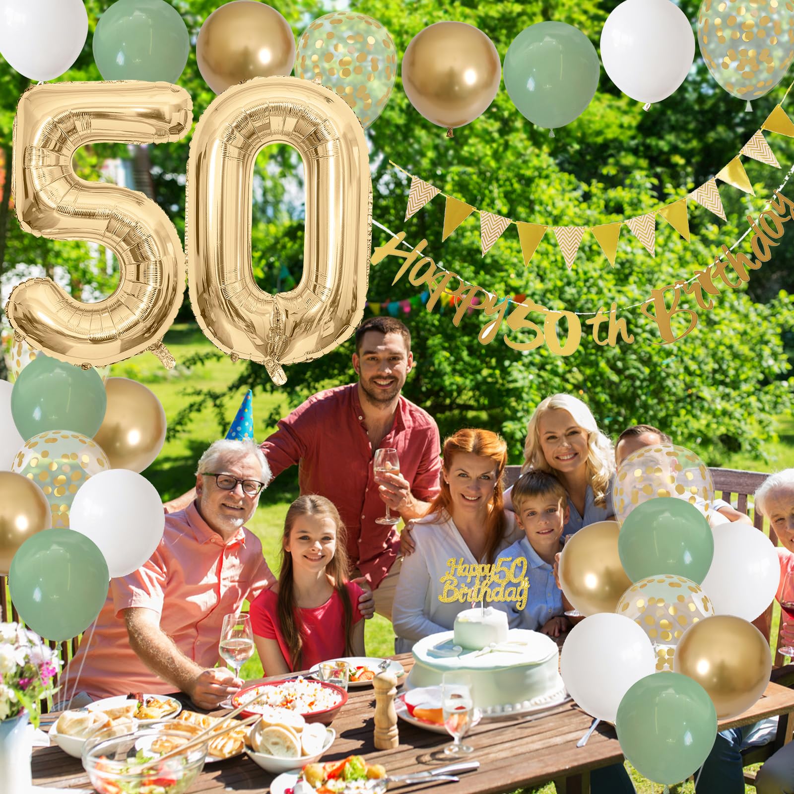 50th Birthday Decorations Sage Green White Gold Balloons Set with Number 50 Foil Banners