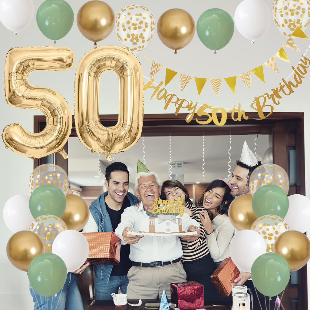 50th Birthday Decorations Sage Green White Gold Balloons Set with Number 50 Foil Banners