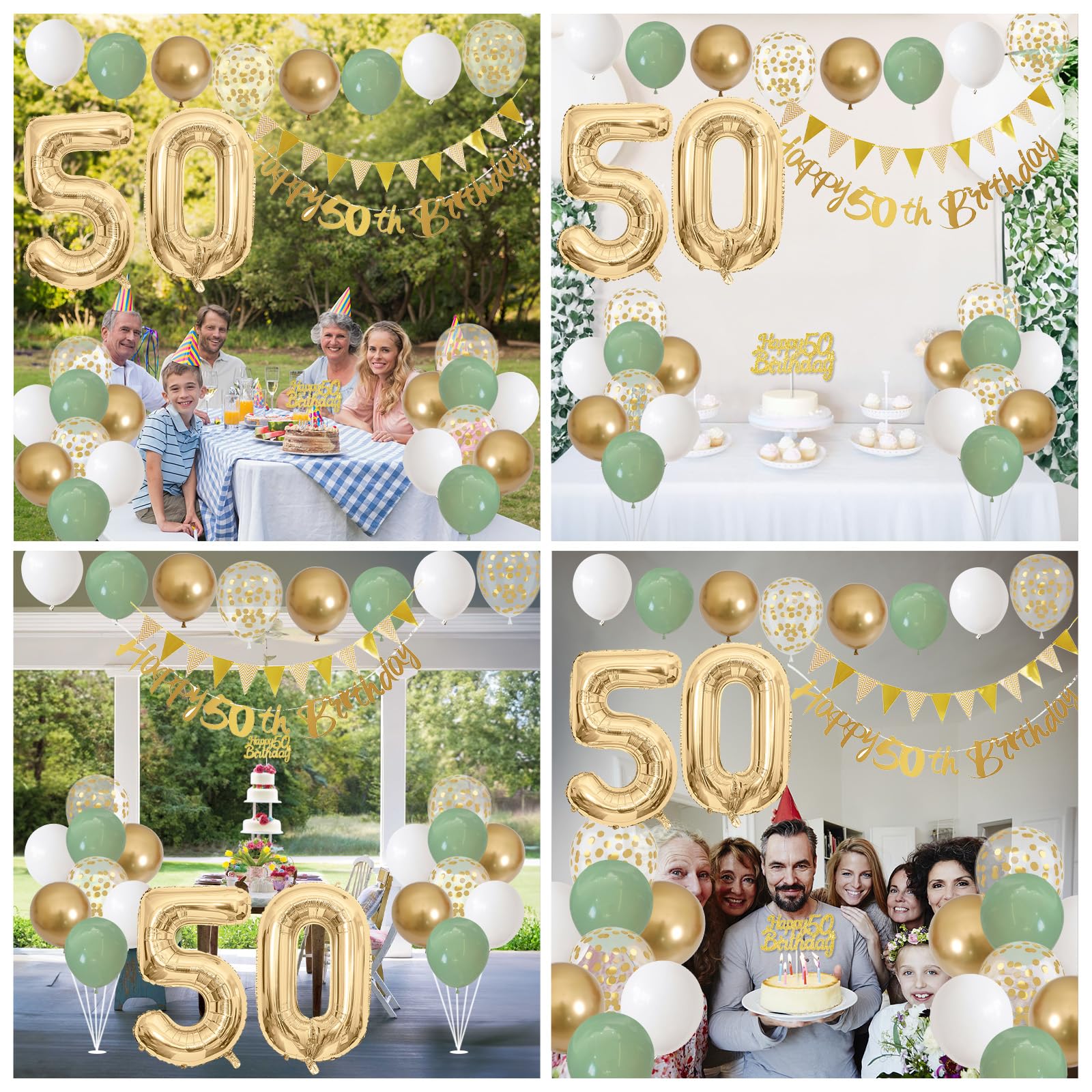 50th Birthday Decorations Sage Green White Gold Balloons Set with Number 50 Foil Banners