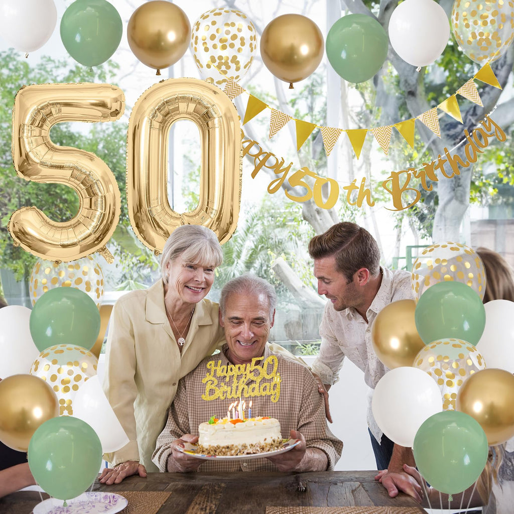 50th Birthday Decorations Sage Green White Gold Balloons Set with Number 50 Foil Banners
