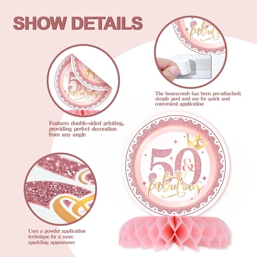 50th Birthday Table Decorations for Women – 9-Piece Rose Gold & Pink Glitter Honeycomb Centerpieces by TMTECHJS