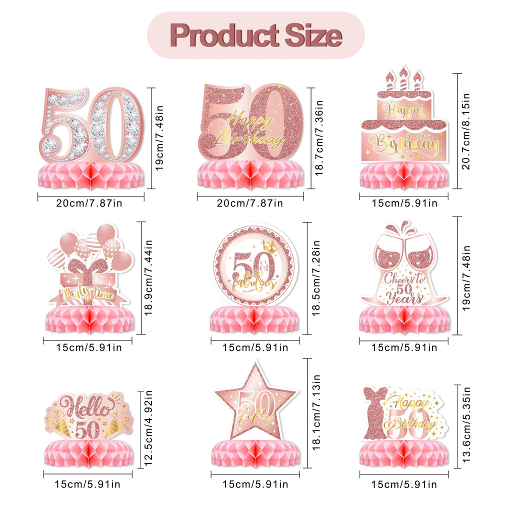 50th Birthday Table Decorations for Women – 9-Piece Rose Gold & Pink Glitter Honeycomb Centerpieces by TMTECHJS