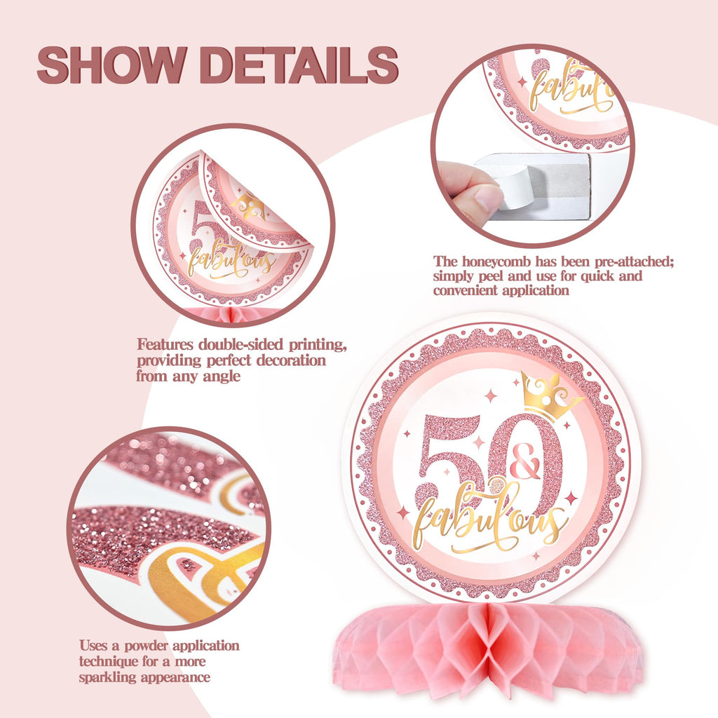 50th Birthday Table Decorations for Women – 9-Piece Rose Gold & Pink Glitter Honeycomb Centerpieces by TMTECHJS
