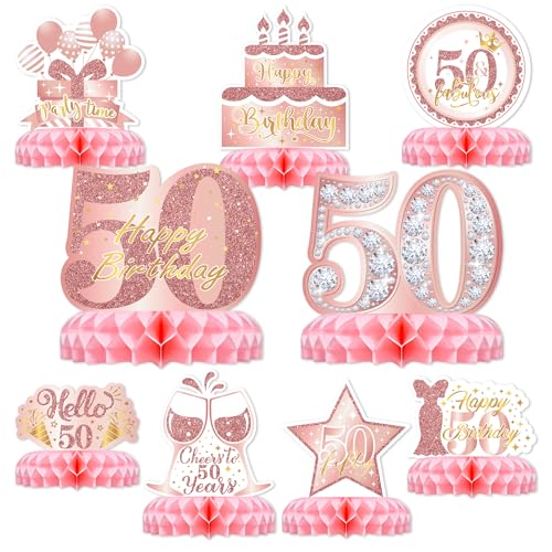 50th Birthday Table Decorations for Women – 9-Piece Rose Gold & Pink Glitter Honeycomb Centerpieces by TMTECHJS