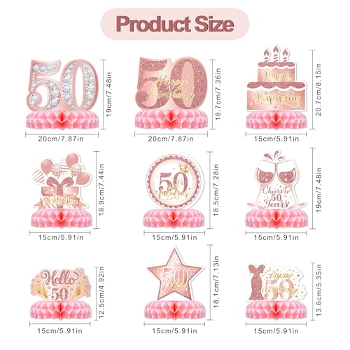 50th Birthday Table Decorations for Women – 9-Piece Rose Gold & Pink Glitter Honeycomb Centerpieces by TMTECHJS