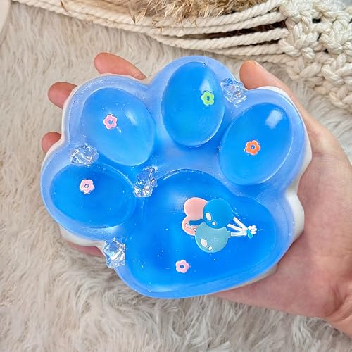 Pawfect Tail Big Taba Squishy Cat Paw – 5” Glittering Blue & White Stress Relief Squeeze Toy, Sticky Fidget Gift